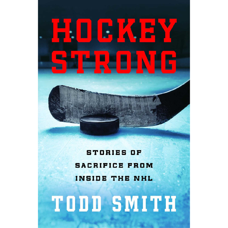 Image of a book cover. Hockey stick with puck on ice rink. Book titled "Hockey Strong: Stories of Sacrifice from Inside the NFL" by author Todd Smith.