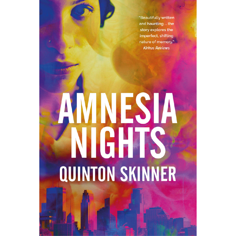 Image of a book cover. Female face with a city in the background. Book titled "Amnesia Nights" by author Quinton Skinner.